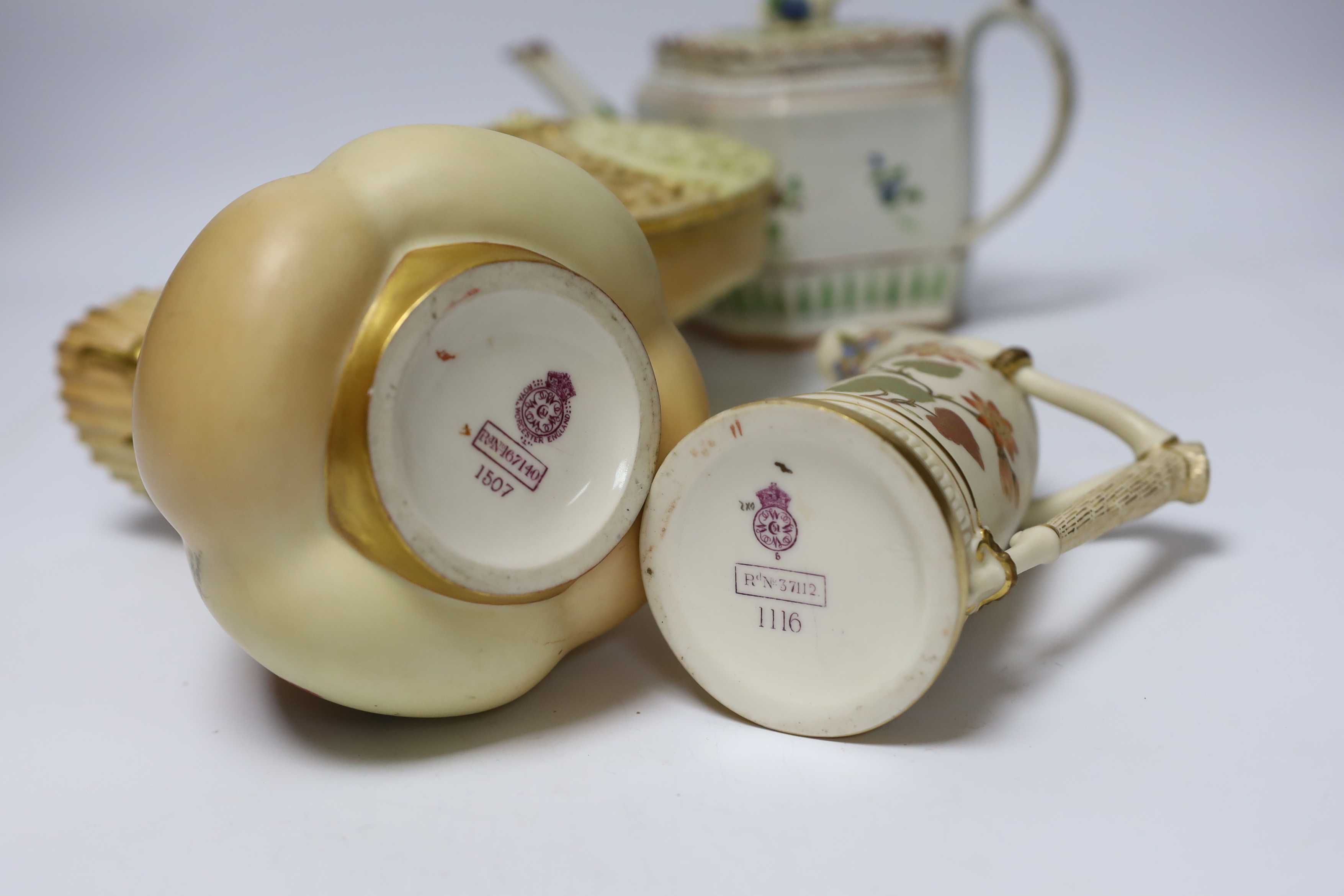 Three pieces of Royal Worcester blush ivory porcelain and an early 19th century pearlware teapot, tallest 19cm